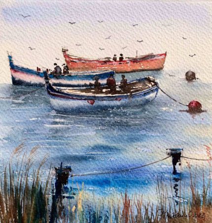 Tablou Pescuit pe balta, barci de pescari pe apa albastra, cu stuf in prim-plan