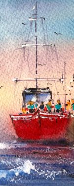 Detaliu din tabloul Red boat, vaporul rosu cu catarge