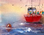 Detaliu din tabloul Red boat, prova rosie cu oameni la bord si o geamandura