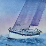 Tablou Regata, velier alb cu panze mov inclinat pe valuri albastre
