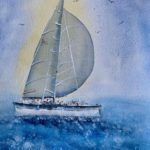 Tablou Velier, velier cu panza gri pe mare albastra, sub un cer luminos