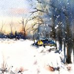 Tablou Winter and forest, casuta galbena langa padure, pe un camp inzapezit