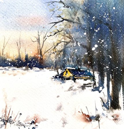 Tablou Winter and forest, casuta galbena langa padure, pe un camp inzapezit