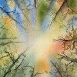 Tablou Forest dream, coroanele copacilor vazute de jos, cu lumina galbena in centru