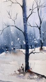 Detaliu din tabloul Iarna Frozen, un copac desfrunzit sub ninsoare