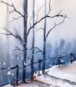 Detaliu din tabloul Iarna Frozen, copaci si gardul de pe marginea drumului