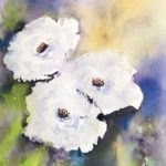 Tablou Trandafiri albi, acuarela cu trei flori albe pe fundal galben si violet