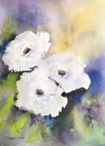 Tablou Trandafiri albi, acuarela cu trei flori albe pe fundal galben si violet