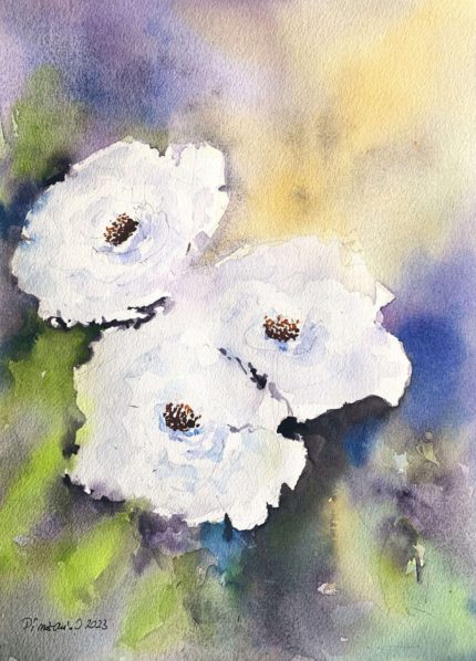Tablou Trandafiri albi, acuarela cu trei flori albe pe fundal galben si violet