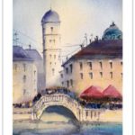 Tablou Venetia vazut integral, turn, pod si cladiri langa canal, cu margine alba