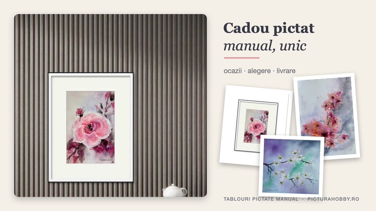 Colaj cu tablouri pictate manual pentru cadou: o acuarela cu trandafir roz pe un perete cu lambriu si trei lucrari florale