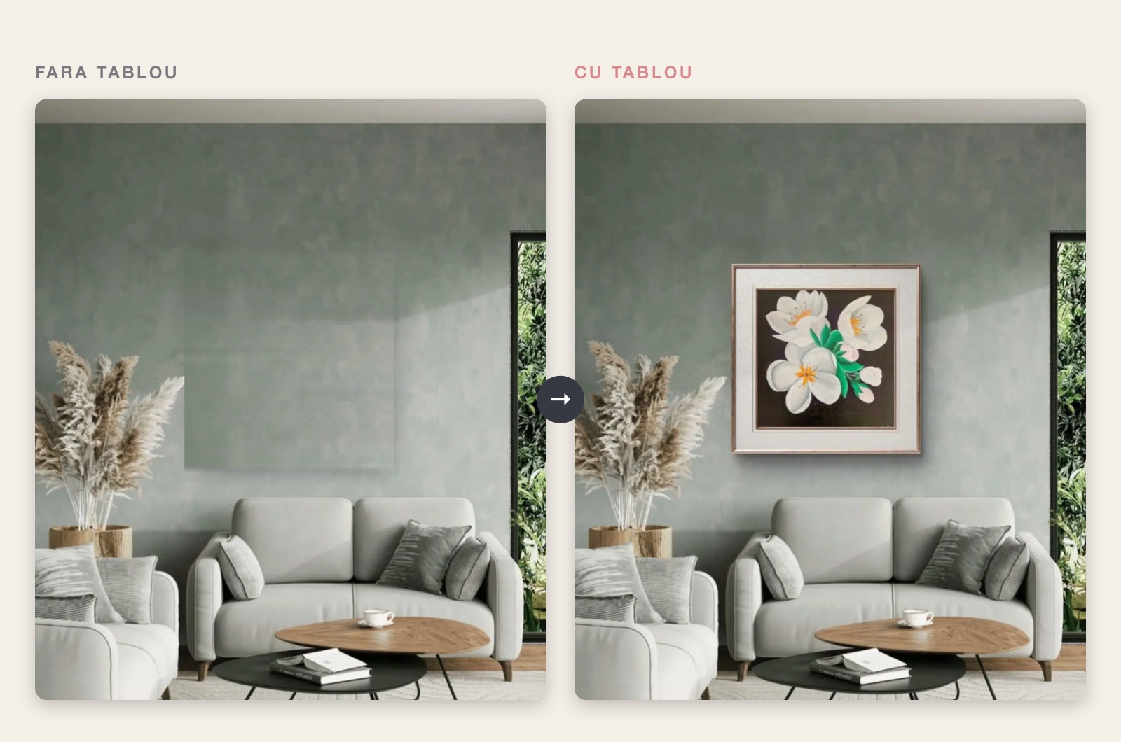 Acelasi living fara tablou si cu un tablou canvas cu flori albe deasupra canapelei