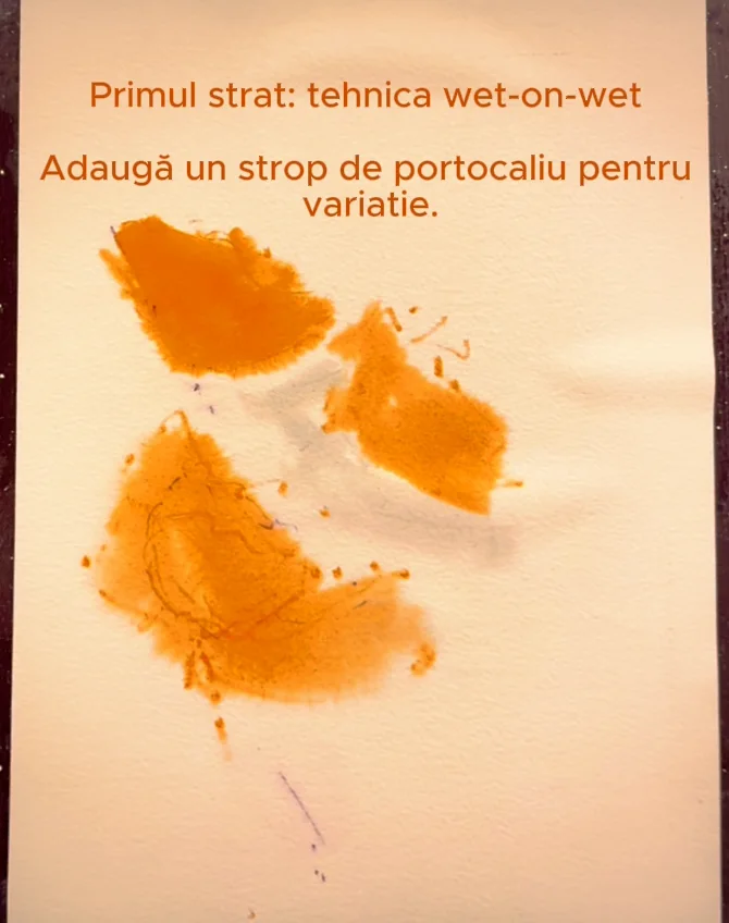 Primul strat de portocaliu pus ud pe ud pentru petalele de maci in acuarela