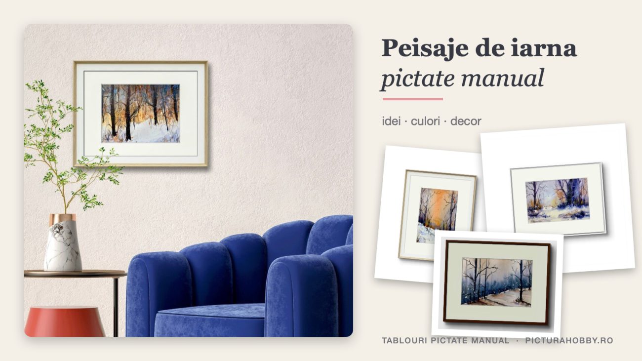 Colaj cu peisaje de iarna pictate manual: tablou cu padure iarna pe un perete deschis, langa un fotoliu albastru, si trei acuarele de iarna