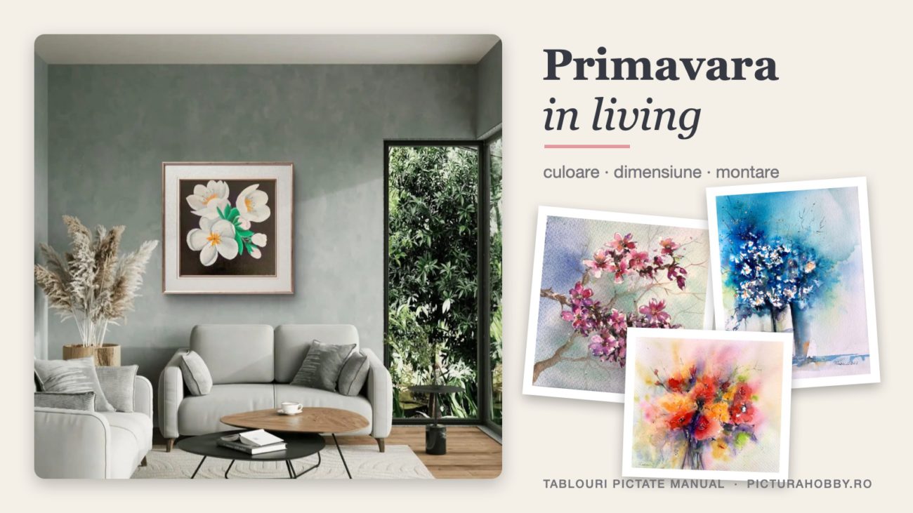Tablou canvas cu flori albe intr-un living si trei tablouri cu peisaje de primavara pictate manual