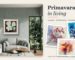 Tablou canvas cu flori albe intr-un living si trei tablouri cu peisaje de primavara pictate manual