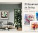 Tablou canvas cu flori albe intr-un living si trei tablouri cu peisaje de primavara pictate manual