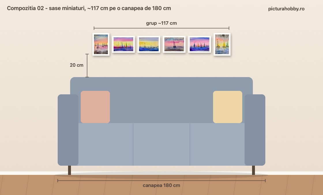 Compozitia 02: sase miniaturi cu apus pe un singur rand, centrate deasupra unei canapele de 180 cm