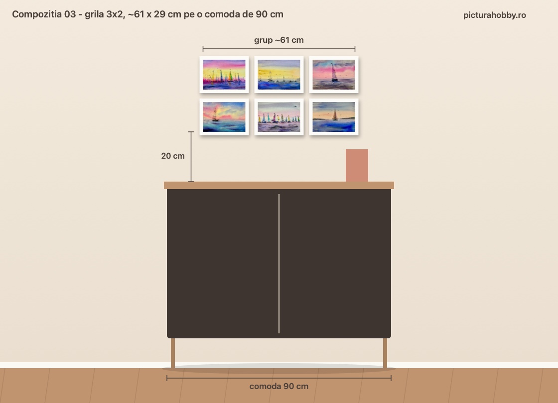 Compozitia 03: grila 3x2 de miniaturi cu apus, centrata deasupra unei comode de 90 cm