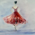 Tablou cu balerina in rochie rosie pictat in acuarela, balerina vazuta din spate pe fundal albastru-cenusiu