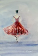 Tablou cu balerina in rochie rosie pictat in acuarela, balerina vazuta din spate pe fundal albastru-cenusiu