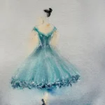 Tablou cu balerina in rochie turcoaz pictat in acuarela, balerina vazuta din spate pe fundal gri-albastrui