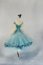 Tablou cu balerina in rochie turcoaz pictat in acuarela, balerina vazuta din spate pe fundal gri-albastrui