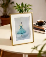 Tablou cu balerina in rochie turcoaz asezat pe o masa rotunda alba, langa carti si o ceasca de cafea