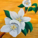 Tablou Canvas Eleganta Florilor Albe, pictura in acrilic cu crin alb pe fundal portocaliu