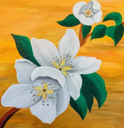 Tablou Canvas Eleganta Florilor Albe, pictura in acrilic cu crin alb pe fundal portocaliu