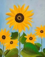 Tablou canvas Floarea Soarelui, pictura in acrilic cu flori galbene pe cer albastru