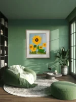 Tablou cu floarea-soarelui intr-o camera verde, cu fotolii moi si plante
