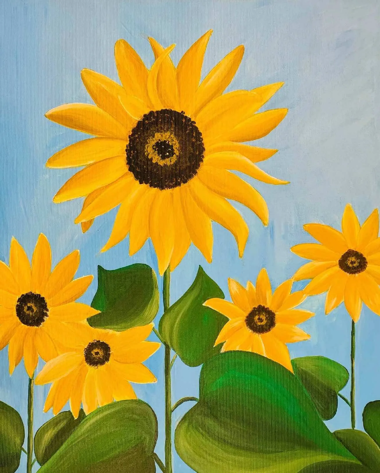 Tablou canvas Floarea Soarelui, pictura in acrilic cu flori galbene pe cer albastru Tablou canvas Floarea Soarelui, pictura in acrilic cu flori galbene pe cer albastru
