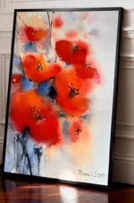 Apropiere pe tabloul cu flori rosii aprinse, sprijinit de perete cu lambriuri, pe parchet