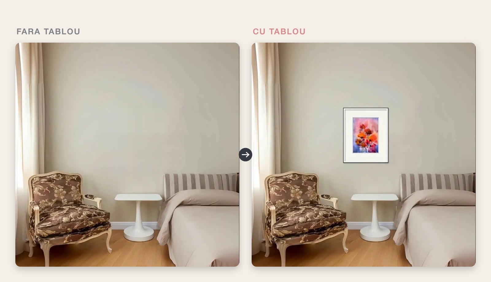 Perete bej intr-un dormitor, fara tablou si cu o acuarela cu maci pictata manual, in paspartu