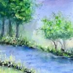 Tablou Rau printre copaci verzi, acuarela cu un rau albastru intre maluri cu iarba, copaci verzi si cer albastru-violet