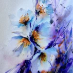 Tablou Simfonie in violet, acuarela cu flori albastre cu centru portocaliu pe fundal violet si mov