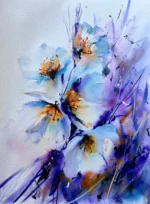 Tablou Simfonie in violet, acuarela cu flori albastre cu centru portocaliu pe fundal violet si mov