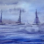 Tablou cu veliere in ceata violet, acuarela cu trei veliere pe mare albastra si mov
