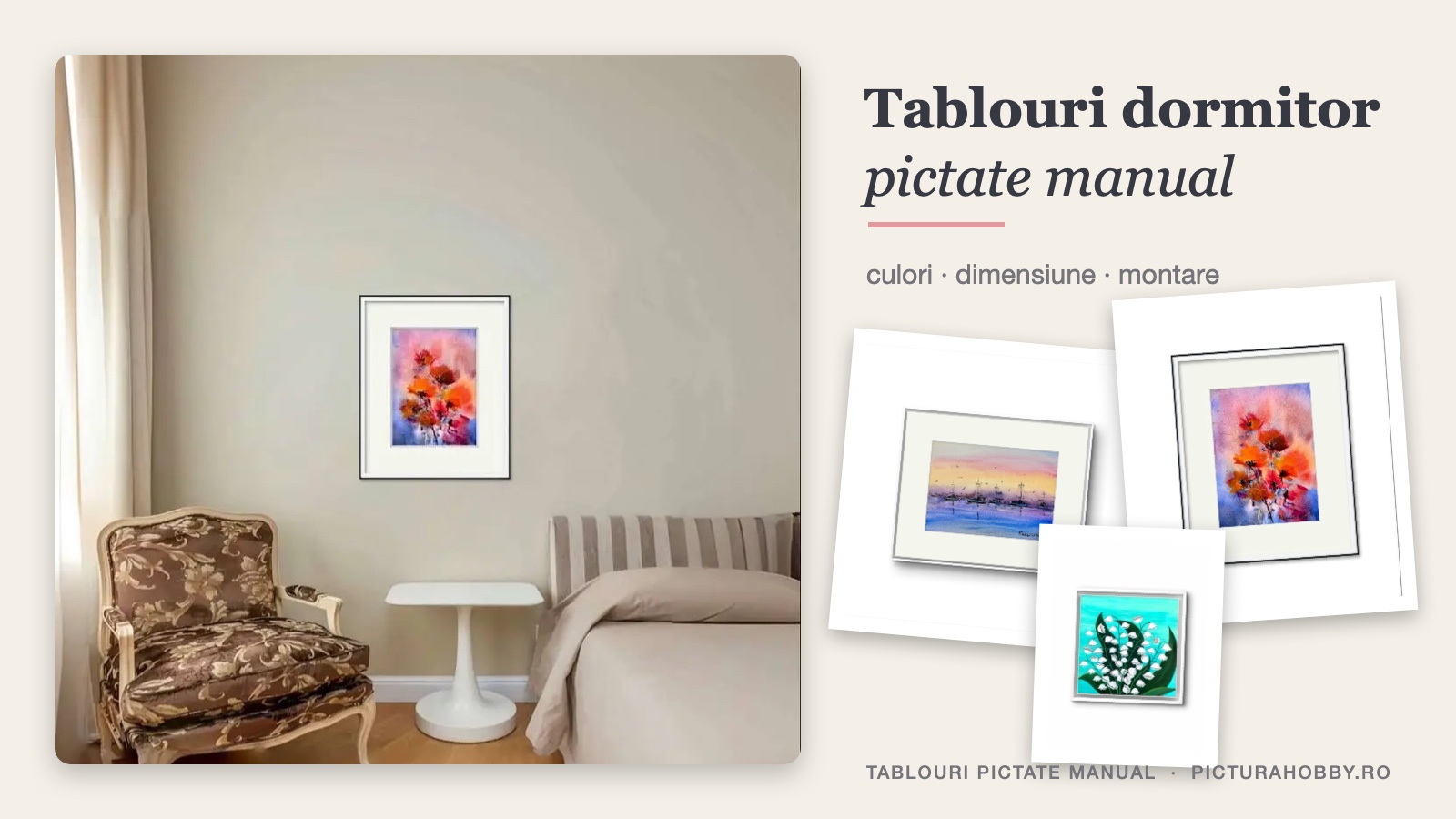 Colaj cu tablouri pentru dormitor pictate manual: o acuarela cu maci intr-un dormitor bej, plus trei lucrari originale