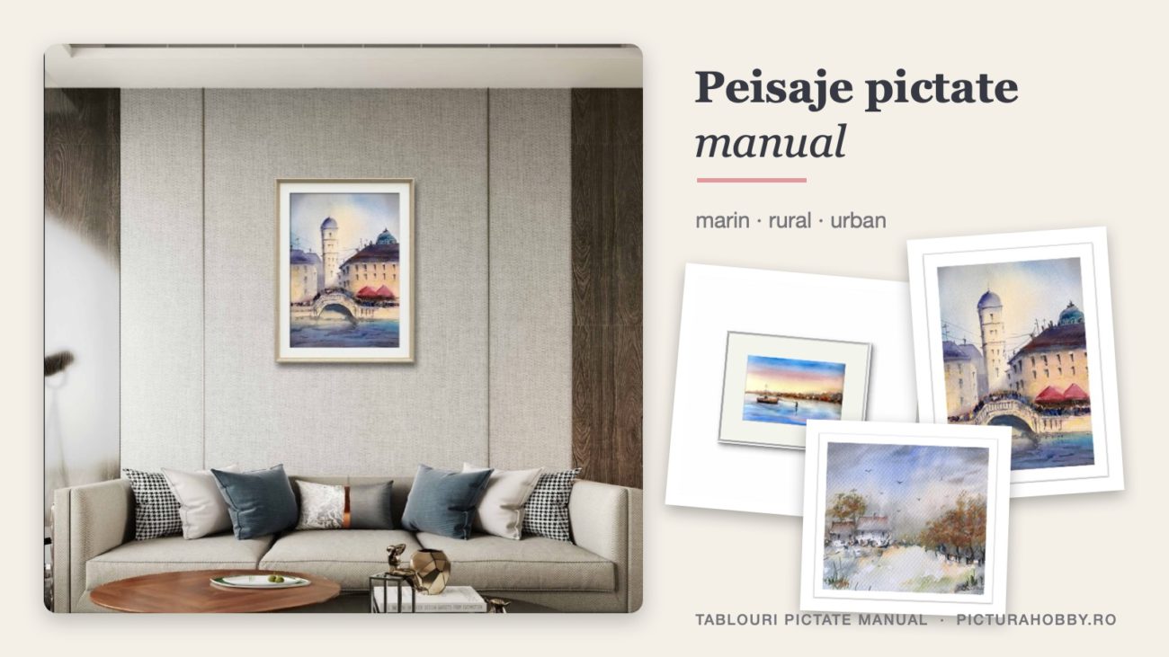 Colaj cu tablouri pictate manual cu peisaje: Venetia intr-un living cu canapea bej, un peisaj marin si o acuarela rurala